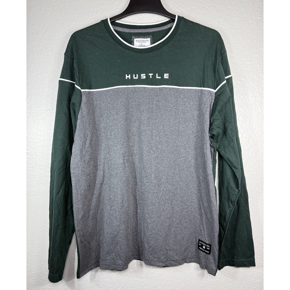 Men's "Hustle" Green/Gray long-sleeve crewneck T-shirt Size XL by Distortion